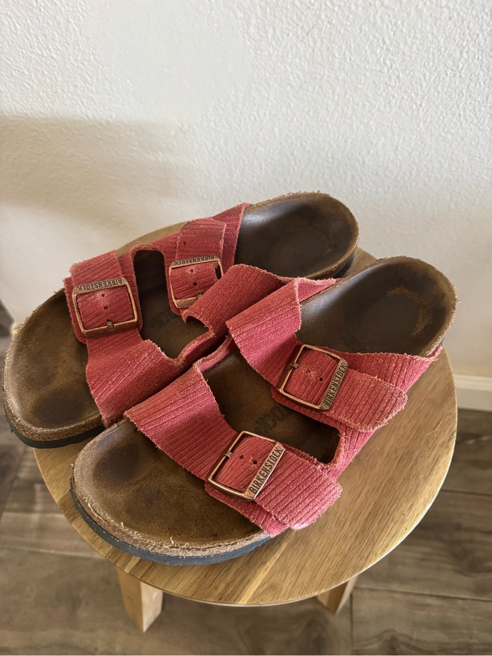Birkenstock Red Suede Corduroy Two-Strap Arizona Sandals